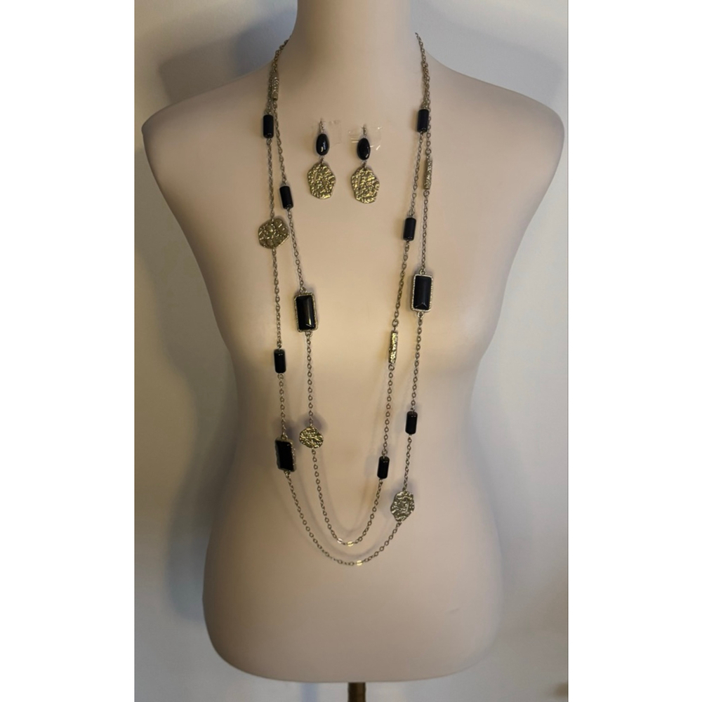 Women's Chico's One Size Gold & Black Beaded Layered Necklace & Earring Set